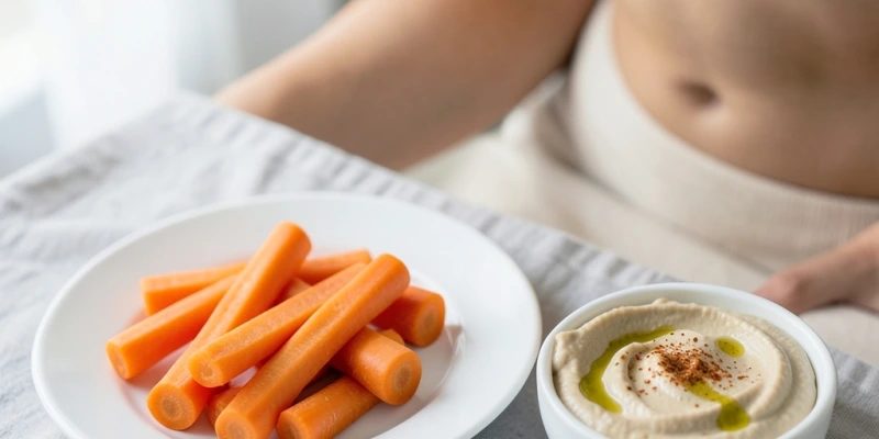 100 g Karottenstifte auf einem kleinen Teller neben einer kleinen Schale mit 3 EL Hummus – alltagstaugliche Snack-Portion mit Mengenangabe