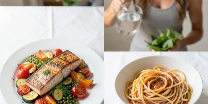 Abendmahlzeit mit Proteinquelle (z. B. Lachs + Gemüse + Hülsenfrüchte) vs. Abendmahlzeit ohne Protein (nur Nudeln) – visueller Vergleich des Sättigungspotenzials