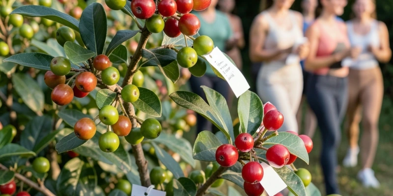 Acerola-Strauch mit reifen roten und halbreifen grünen Früchten, Beschriftung: „Reifegrad beeinflusst den Vitamin-C-Gehalt – unreife Acerola enthält tendenziell mehr Ascorbinsäure als vollreife"