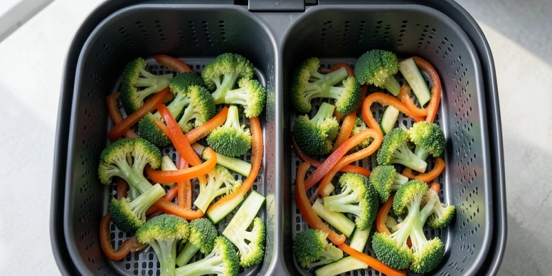 Airfryer-Korb von oben, links ohne Öl mit trockenem Gemüse, rechts leicht eingesprühtes Gemüse mit sichtbarem Glanz – beide Portionen gleich groß