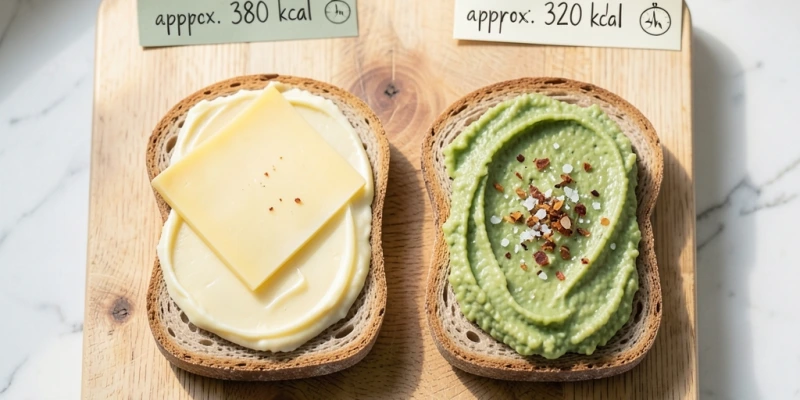 Alltagsbeispiel-Vergleich: Brot mit Butter und Schnittkäse vs. Brot mit Avocado und Salz – jeweils mit grober Kaloriendarstellung und Sättigungsdauer-Einschätzung als einfache Grafik