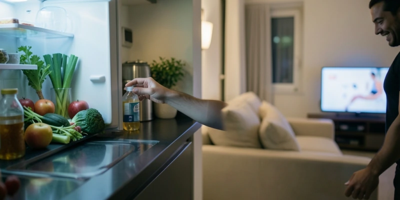 Alltagssituation – Kühlschrank abends um 22 Uhr, Hand greift hinein; daneben ein leeres Sofa mit Fernbedienung – visualisiert den Unterschied zwischen Hunger und automatischem Essverhalten