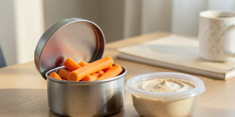 Alltagsszene: Kleine Dose mit vorbereiteten Karottenstiften und einem kleinen Behälter Hummus auf einem Schreibtisch – bereit für den Nachmittag, ohne Aufwand
