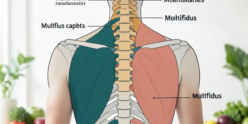 Anatomische Darstellung der Halswirbelsäule von hinten, mit beschrifteten Rotatoren: Sternocleidomastoideus, Splenius capitis, Multifidus – als klares Schema, kein realistisches Körperbild