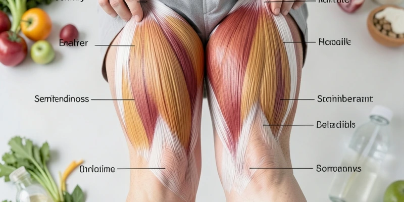 Anatomische Darstellung des hinteren Oberschenkels (Ischiokruralmuskeln) – häufigste Zerrungsstelle im Sport – mit markierter Muskelbauchwölbung und Sehnenübergängen
