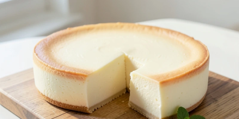 Angeschnittener Käsekuchen ohne Boden auf einem Holzbrett – cremige Schnittkante, leicht gebräunte Oberfläche, keine Krustenstruktur unten