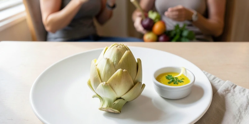 Artischockenherz auf einem Teller neben einer Portion Dip (ca. 2 EL Olivenöl-Zitronen-Sauce) – zeigt realistische Portionsgröße und typische Zubereitungsweise