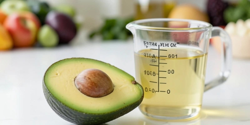 Aufgeschnittene Avocado neben einem Messbecher mit sichtbaren Schichten – zur Veranschaulichung des Fettgehalts im Verhältnis zur Größe der Frucht