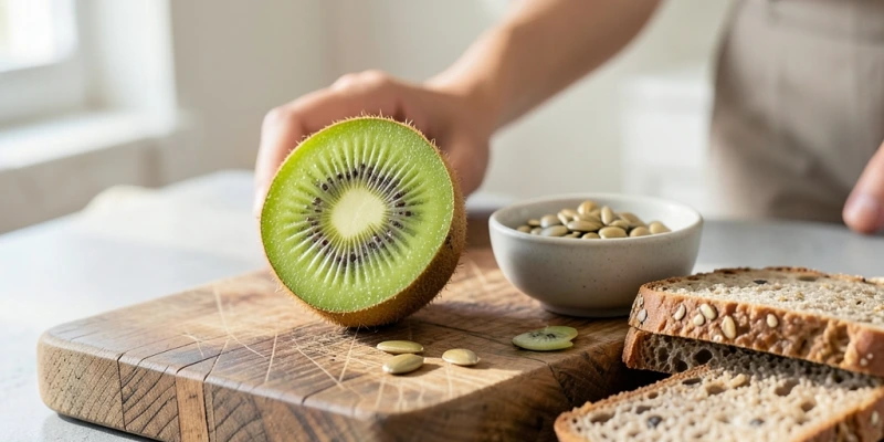 Aufgeschnittene Kiwi neben einer kleinen Portion Sonnenblumenkerne und Vollkornbrot – visuell zeigen, wie Vitamin C und Eisen kombiniert werden können