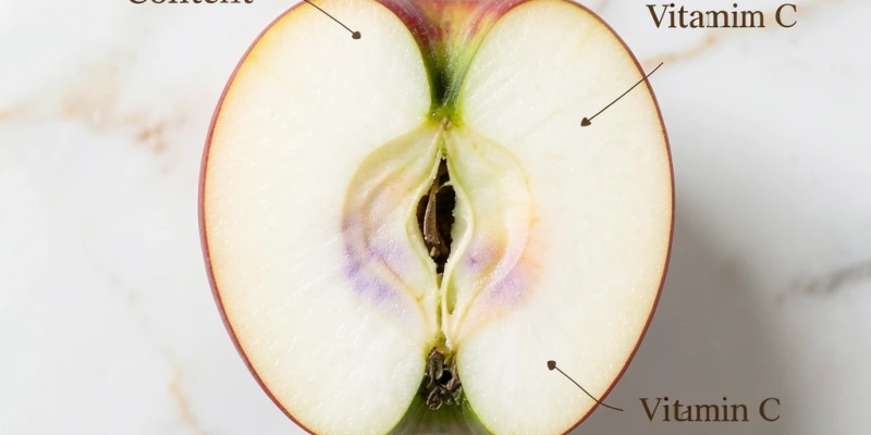 Aufgeschnittener Apfel mit beschrifteten Inhaltsstoffen – Ballaststoffe in der Schale, Vitamin C im Fruchtfleisch, Polyphenole sichtbar als farbliche Markierung