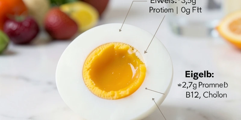 Aufgeschnittenes hart gekochtes Ei mit Beschriftung: Eiweiß (ca. 3,5 g Protein, 0 g Fett) und Eigelb (ca. 2,7 g Protein, ca. 5 g Fett, + Vitamine D, B12, Cholin)
