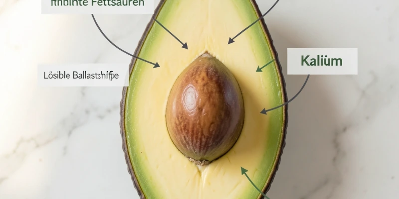 Aufschnitt einer Avocado mit Beschriftung: einfach ungesättigte Fettsäuren, lösliche Ballaststoffe, Kalium – welche Komponente welchen Effekt hat, als klare Beschriftungsgrafik