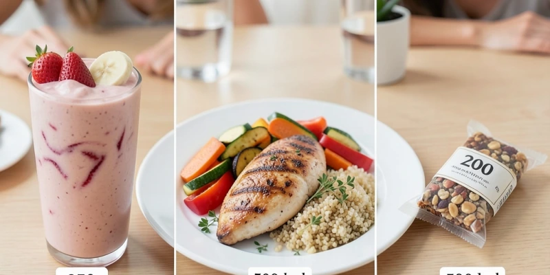 Aufschnitt eines typischen Foodspring-Diätalltags: links ein Shake mit Obst, mittig eine reguläre Mahlzeit, rechts ein Riegelsnack – mit Kalorienwerten pro Einheit, die zeigen, wie sich Tagesenergie verteilt