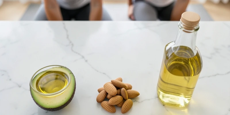 Aufsicht auf verschiedene Ölsäure-reiche Lebensmittel: Olivenöl, Avocadohälften, Mandeln, Rapsöl – mit kurzen Beschriftungen der jeweiligen Ölsäureanteile