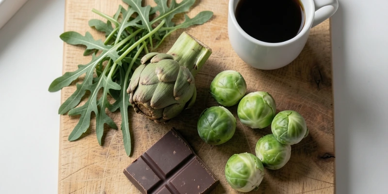 Ausgewählte Bitterstoff-Lebensmittel auf einem Holzbrett: Rucola, Artischocke, Rosenkohl, Bitterschokolade, eine Tasse schwarzer Kaffee – ohne Inszenierung, naturalistisch