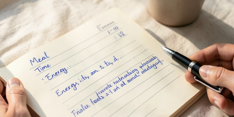 Ausschnitt eines handschriftlichen Ernährungstagebuchs mit Spalten für Mahlzeit, Uhrzeit, Energie (1–10) und Notizen – als Beispiel für eine einfache, selbst durchführbare Methode