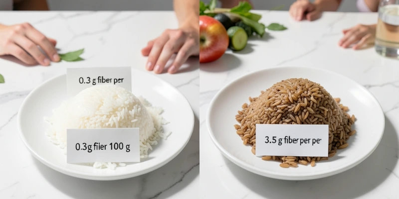 Ballaststoff-Vergleich: Ein Teller weißer Reis (0,3 g Ballaststoffe/100 g) vs. ein Teller brauner Reis (3,5 g Ballaststoffe/100 g) – mit Beschriftung der Ballaststoffmengen