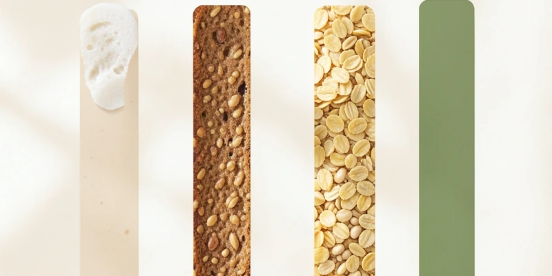 Ballaststoffgehalt im Vergleich – 100g Weißbrot, Vollkornbrot, Haferflocken, Linsen: Balken nebeneinander mit g-Angaben
