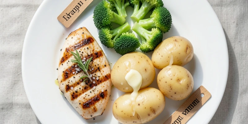 Beispiel-Mittagsteller: 100g gegrillte Hähnchenbrust, 200g gedünstetes Brokkoli, 150g Salzkartoffeln – Portionsgrößen mit Skalierung dargestellt