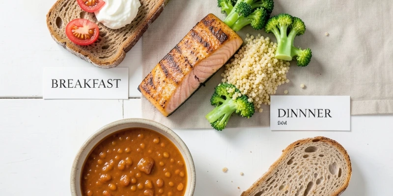 Beispielhafter Tageplan nach dem Brigitte-Ernährungsprinzip – Frühstück (Vollkornbrot, Quark, Tomaten), Mittagessen (Lachs, Brokkoli, Quinoa), Abendessen (Linsensuppe mit Vollkornbrot) mit Portionsangaben in Gramm