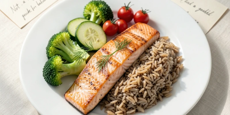 Beispielhafter Teller nach dem Prinzip: 1/2 Gemüse, 1/4 Protein (z. B. Fisch), 1/4 Vollkornkohlenhydrate (z. B. Naturreis). Bildunterschrift: „Kein starrer Plan – eine Orientierung für die Zusammensetzung"