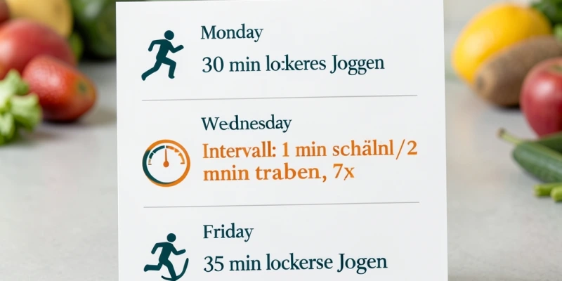 Beispielplan einer Woche – Montag: 30 min lockeres Joggen, Mittwoch: Intervalleinheit (1 min schnell / 2 min traben, 7×), Freitag: 35 min lockeres Joggen – übersichtlich und nachvollziehbar