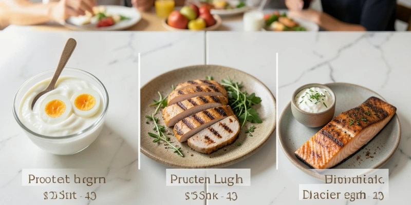 Beispieltag Proteinverteilung: Frühstück 150 g Skyr (15 g Protein) + 2 Eier (12 g) = 27 g / Mittag 150 g Hähnchenbrust (35 g) / Abend 200 g Lachs (40 g) + 100 g Hüttenkäse (14 g) = 54 g / Gesamt: ca. 116 g Protein