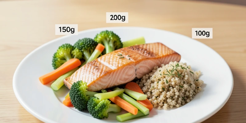 Beispielteller mit sättigender Mahlzeit: 150 g Lachs, 200 g gedünstetes Gemüse, 100 g Quinoa – mit Gramm-Angaben beschriftet als Orientierung für ausgewogene Portionen