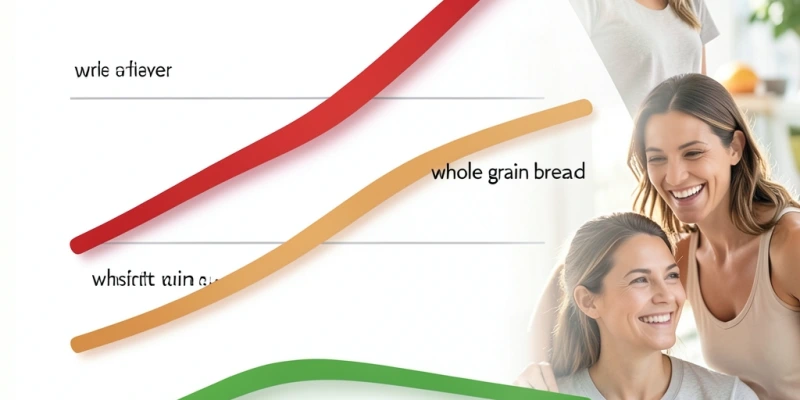 Blutzuckerkurve schematisch: Mahlzeit mit Weißbrot pur vs. Vollkornbrot pur vs. Vollkornbrot mit Protein/Fett – stilisierte Kurven ohne konkrete Zahlenwerte