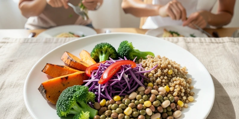 Bunter Teller mit fünf verschiedenen Gemüsesorten, Hülsenfrüchten und einem Vollkornanteil – kein exotisches Superfood, aber hohe Nährstoffdichte durch Vielfalt sichtbar machen