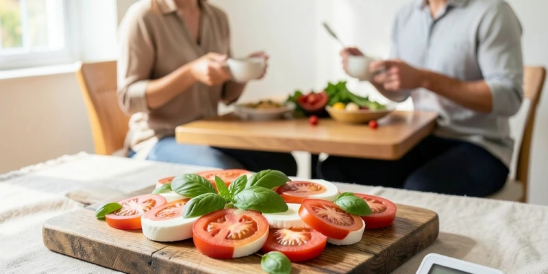 Caprese-Salat mit 80g frischem Mozzarella, Tomaten und Basilikum – Portionsgröße mit Gramm-Angabe sichtbar