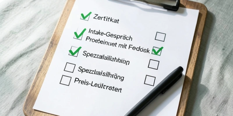 Checkliste auf Klemmbrett mit fünf Kriterien: Zertifikat, Intake-Gespräch, Probeeinheit mit Feedback, Spezialisierung, Preis-Leistung – visuell abgehakt oder offen