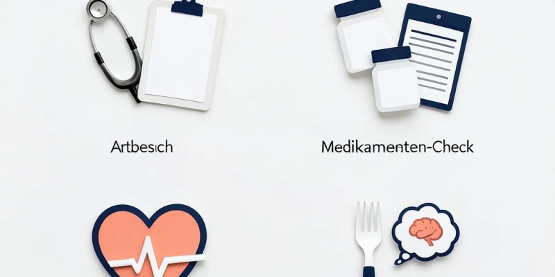 Checkliste-Darstellung „Vor dem Start klären" mit Symbolen für Arztgespräch, Medikamente, Herzgesundheit und Essverhalten