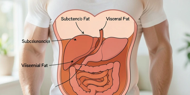 Darstellung von viszeralem Fett vs. subkutanem Fett am Bauch – einfache anatomische Grafik, die zeigt, wo welches Fett sitzt und dass viszerales Fett die Organe umgibt