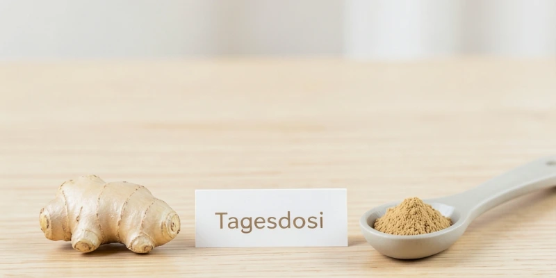 Daumennagelgroßes Stück frischer Ingwer neben einem Teelöffel Ingwerpulver – Mengenvergleich für eine Tagesdosis