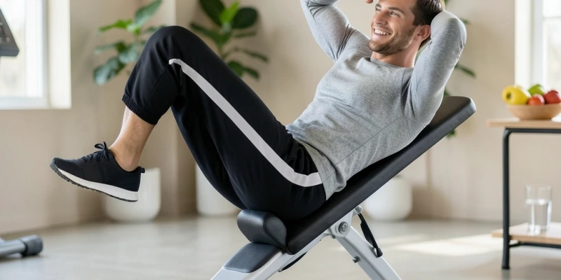 Decline-Sit-Up auf einer schrägen Trainingsbank – Körperwinkel und Position der Beine klar erkennbar, keine externe Last