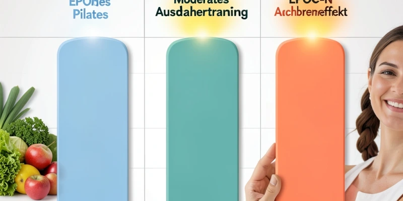 Diagramm – Kalorienverbrauch während und nach dem Training: Balken für ruhiges Pilates, moderates Ausdauertraining und HIIT; mit sichtbarem EPOC-Anteil nach HIIT