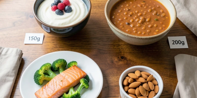 Draufsicht auf einen gedeckten Tisch mit vier Mahlzeitkomponenten: Schüssel mit Joghurt und Beeren, Suppenteller mit Linsen, Teller mit Lachs und Brokkoli, kleines Schälchen mit Mandeln – beschriftet mit Portionsgrößen