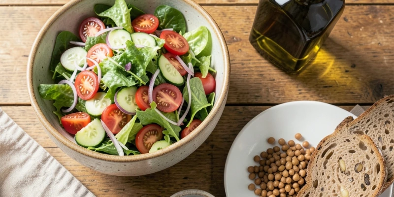 Draufsicht auf einen typischen mediterranen Tisch: Schüssel mit gemischtem Salat, Flasche Olivenöl, Teller mit Linsen, kleines Schälchen Oliven, Vollkornbrot – keine Fertigprodukte sichtbar