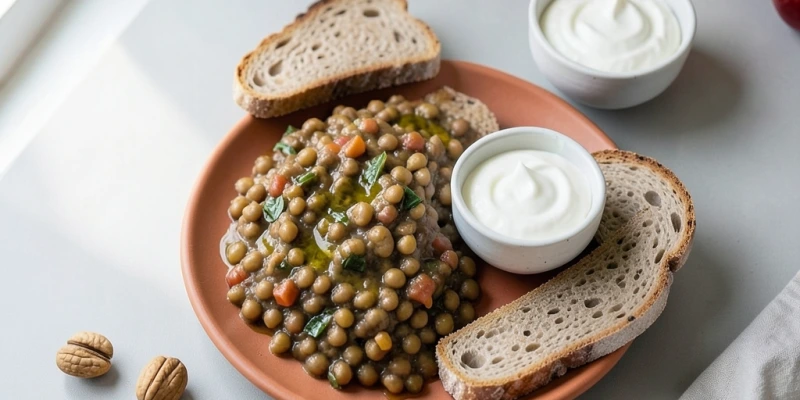 Draufsicht auf einen typischen mediterranen Teller: Linsengemüse mit Olivenöl, geröstetes Vollkornbrot, ein kleines Schälchen griechischer Joghurt, eine Handvoll Walnüsse – keine aufwendige Präsentation, alltägliches Essen