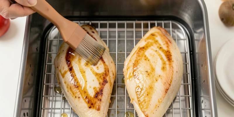 Draufsicht auf zwei Hähnchenstücke im Airfryer-Korb: links mit Pinsel ungleichmäßig eingeölt, rechts mit Sprüher gleichmäßig bedeckt
