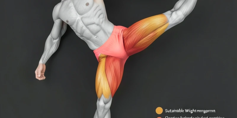 Draufsicht-Illustration der Muskelaktivierung beim einbeinigen Deadlift – Gluteus maximus, Hamstrings und Gluteus medius farblich hervorgehoben