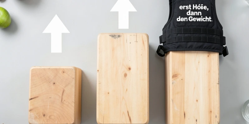 Drei Boxen nebeneinander – niedrig, mittel, hoch – mit Pfeilen, die die Progressionsrichtung zeigen; daneben eine Gewichtsweste mit Beschriftung „erst Höhe, dann Gewicht"