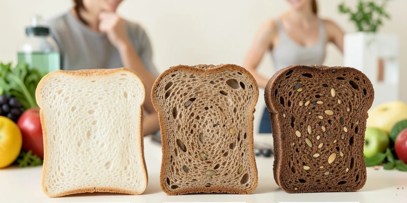 Drei Brotscheiben nebeneinander: Toastbrot, Weizenmischbrot, Roggenvollkornbrot – mit kurzem Label zu Ballaststoffgehalt und Sättigungsdauer als Infografik