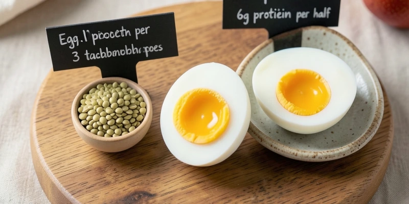 Drei Esslöffel geschälte Hanfsamen auf einem Holzbrett, daneben ein gekochtes Ei als Größenvergleich – Text: „~30 g Hanfsamen ≈ 9–10 g Protein, ein mittelgroßes Ei ≈ 6–7 g Protein"