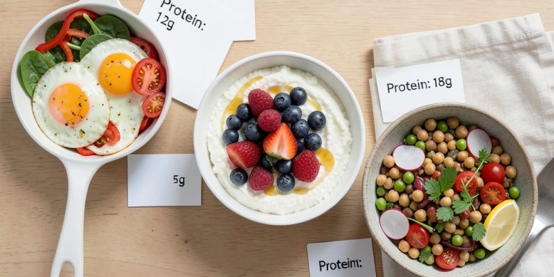 Drei Frühstücksvarianten nebeneinander – Eier mit Gemüse, Quark mit Beeren, Hülsenfrüchte-Bowl – jeweils mit Protein-Angabe als Beschriftung, damit der Leser sieht, wie unterschiedlich 20–30g Protein aussehen kann