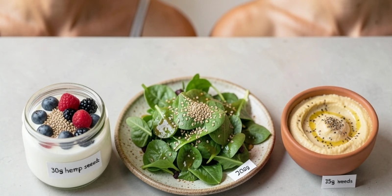 Drei Gerichte nebeneinander: Joghurt mit Hanfsamen und Beeren, grüner Salat mit Hanfsamen-Topping, Hummus mit Hanfsamen eingerührt – je mit Portionsangabe in Gramm