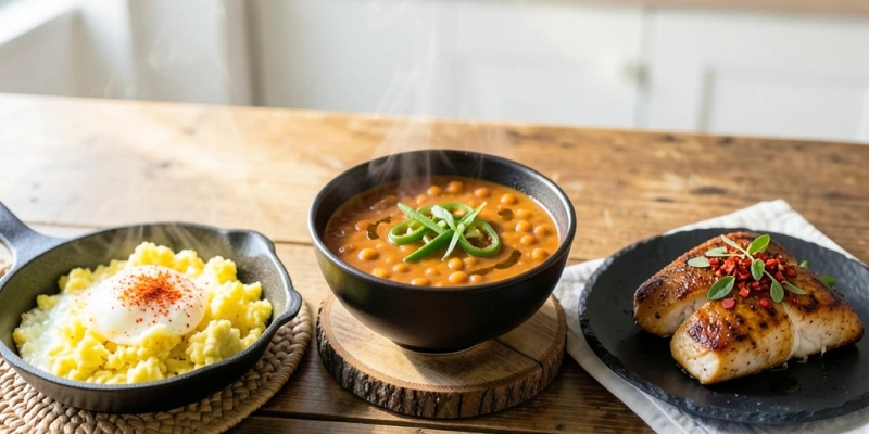 Drei Gerichtebilder nebeneinander: Rührei mit Cayenne, Linseneintopf mit frischer Chili, gegrilltes Hähnchen mit Chiliflakes – als Alltagsbeispiele für die praktische Umsetzung