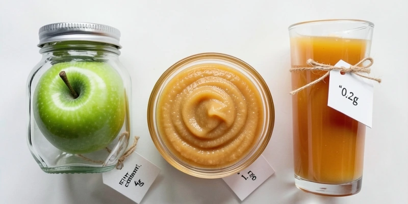 Drei Gläser nebeneinander: 150g ganzer Apfel, 150g Apfelmus, 150ml Apfelsaft – mit Ballaststoffgehalt beschriftet (ca. 4g / ca. 1,5g / ca. 0,2g)