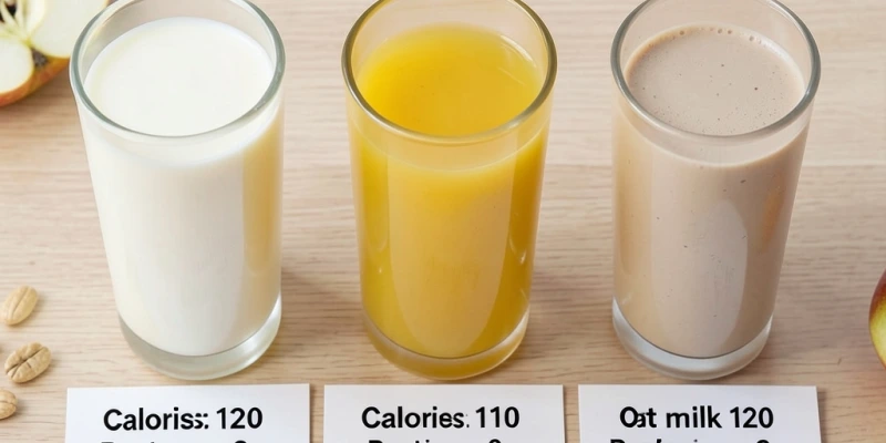 Drei Gläser nebeneinander: 200 ml Vollmilch, 200 ml Apfelsaft, 200 ml Hafermilch (angereichert) – mit sichtbaren Kalorienangaben, Proteingehalt und Kalziumgehalt als Vergleich